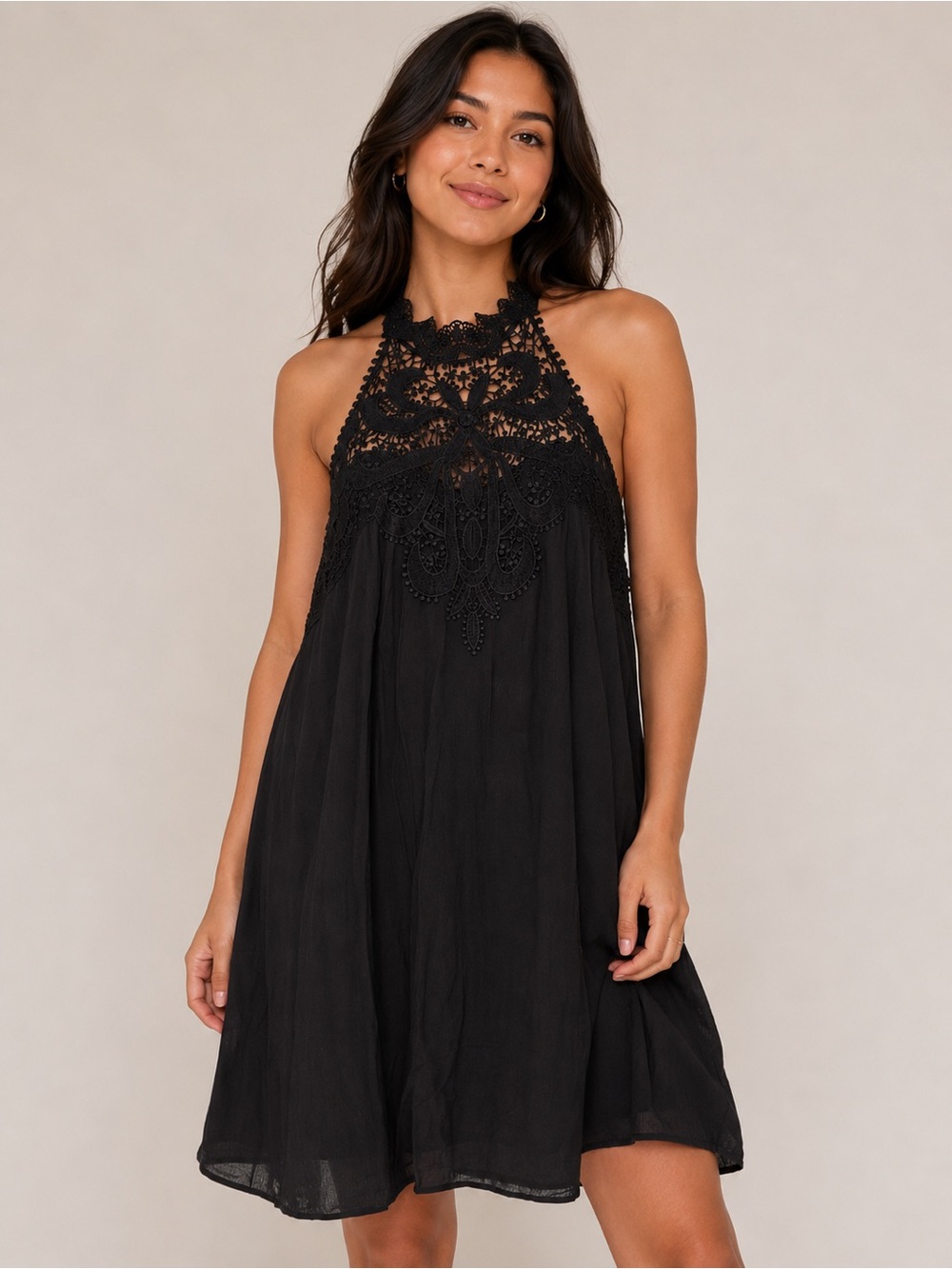 NWT Boston Proper Lace High Neck Gauze Swing Dress Black Size Large